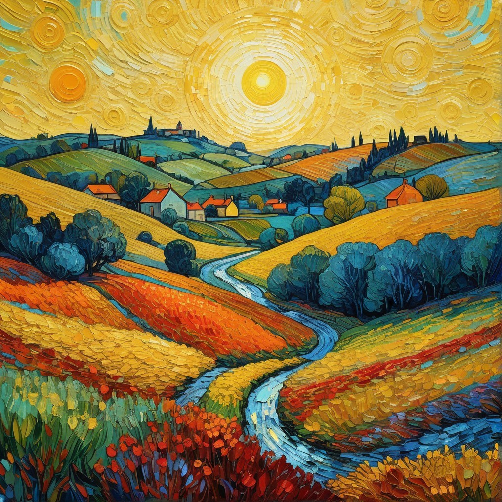 Vibrant Landscape with Rolling Hills and River Scene