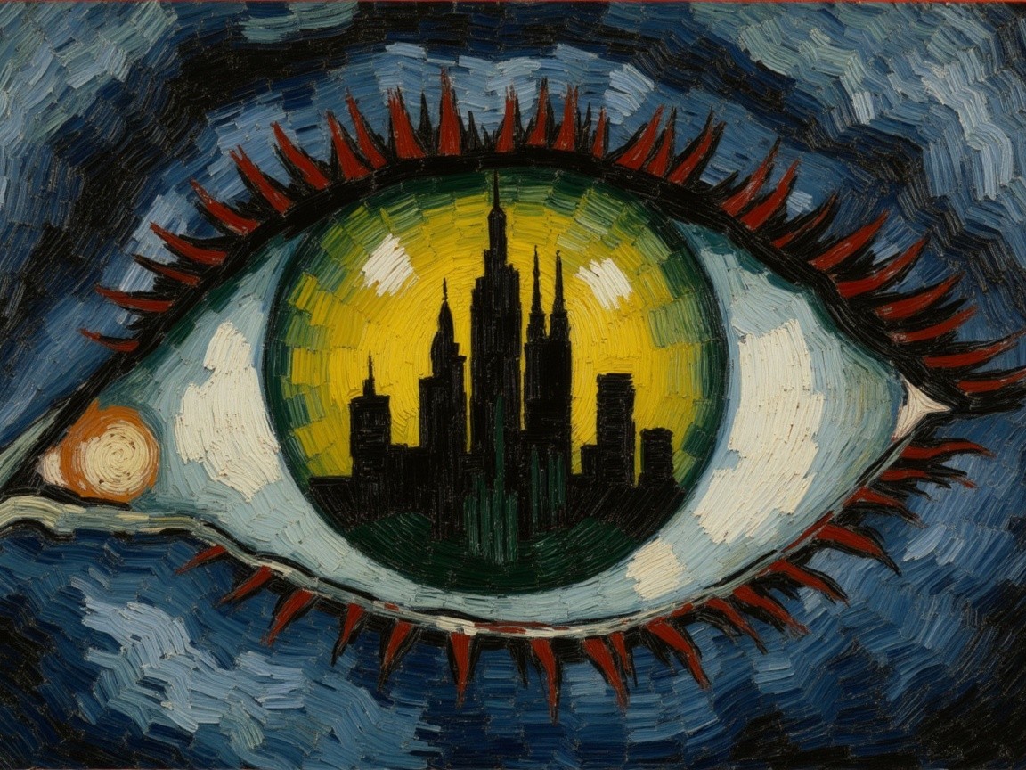 Large Stylized Eye with City Skyline and Swirling Blue