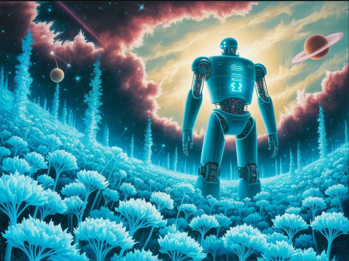 Vibrant Spring Landscape with Cosmic Robot