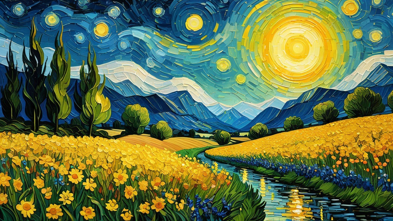 Vibrant Landscape with Rolling Hills and Starry Sky