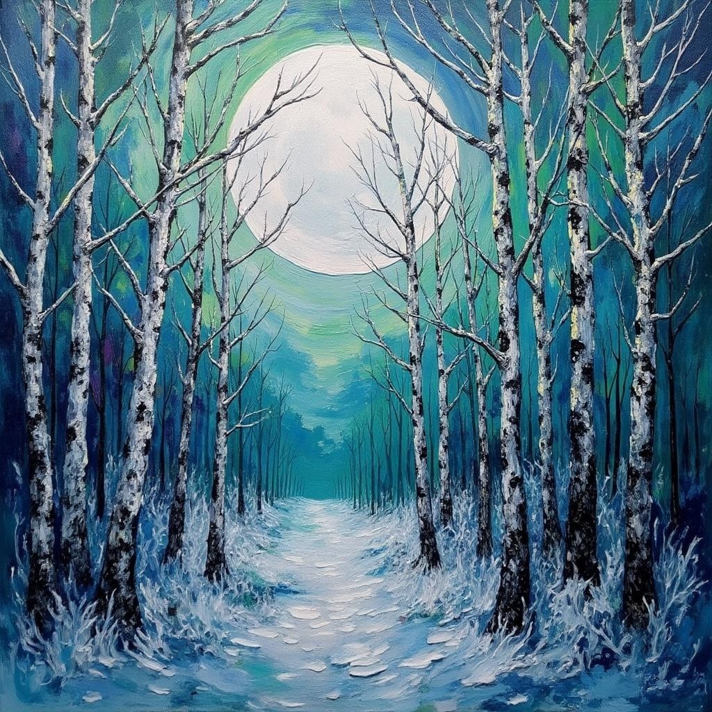Serene Winter Landscape with Moonlit Path and Trees