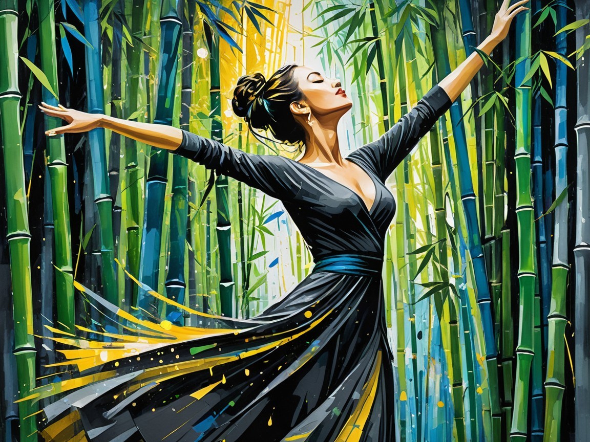 Woman in Black Dress in Serene Bamboo Grove