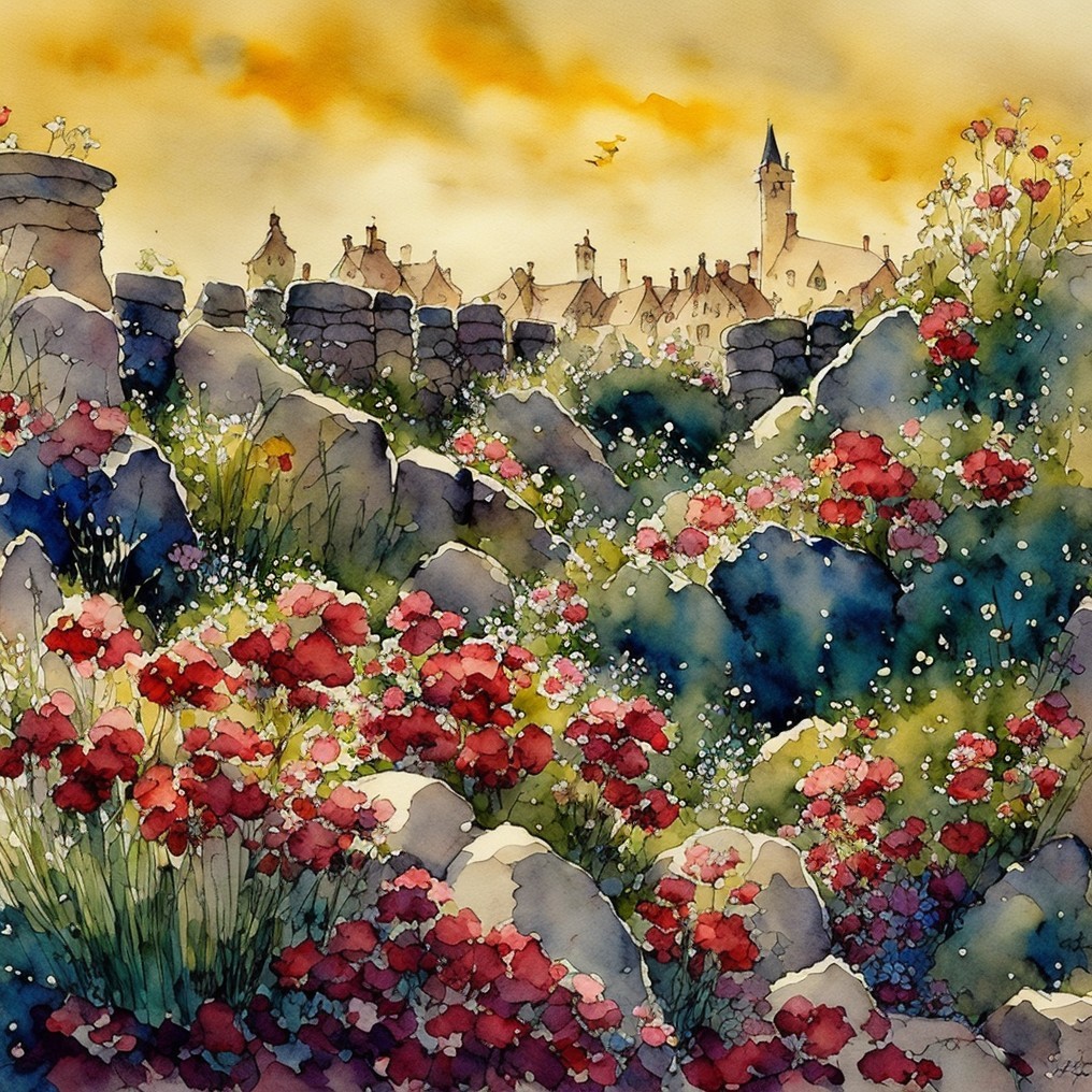Vibrant Landscape with Red Flowers and Quaint Buildings