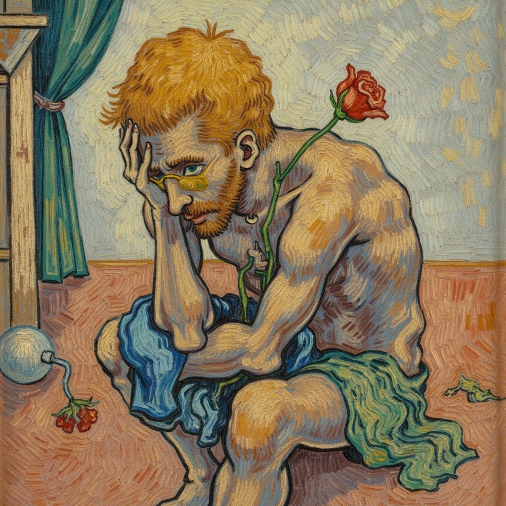 Sorrowful Figure in Thoughtful Pose with Rose and Petals