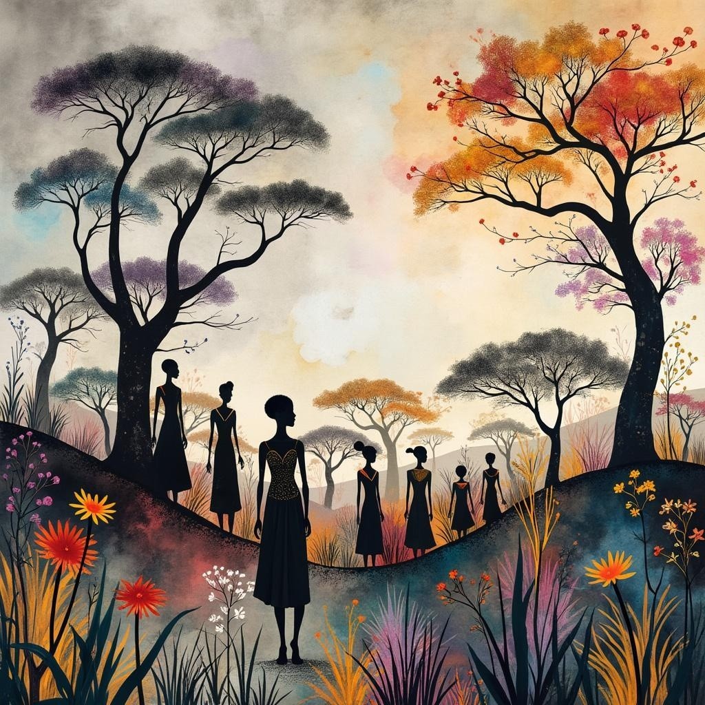 Whimsical Landscape with Stylized Trees and Figures