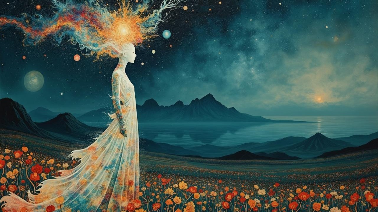 Ethereal Figure in Vibrant Flower Field with Cosmic Sky