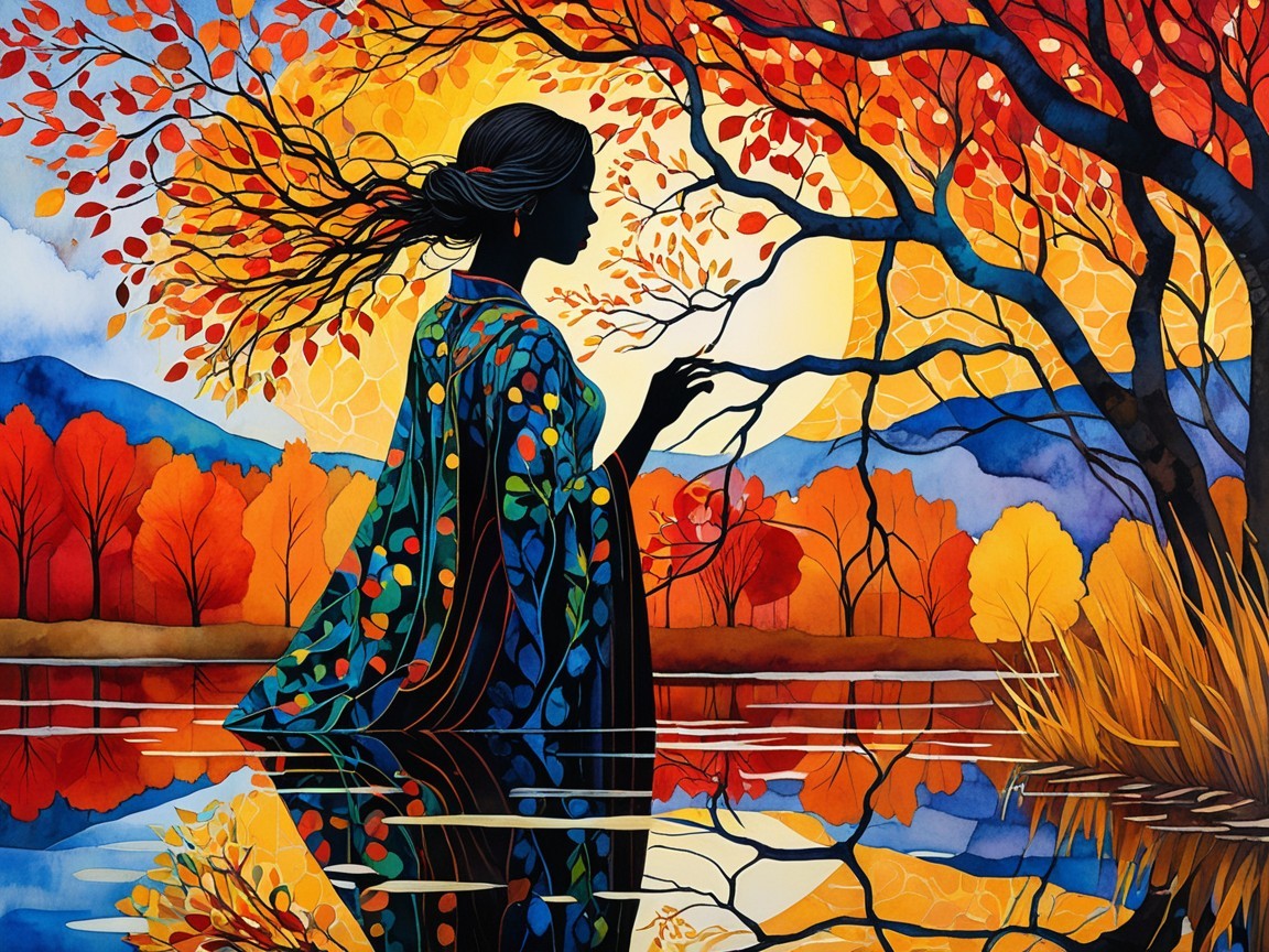 Silhouette of Woman by Autumn Lake and Mountains
