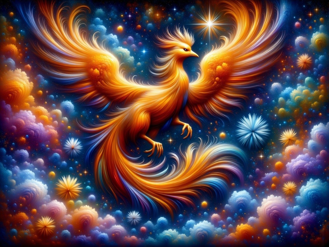 Vibrant Phoenix in a Cosmic Landscape with Stars