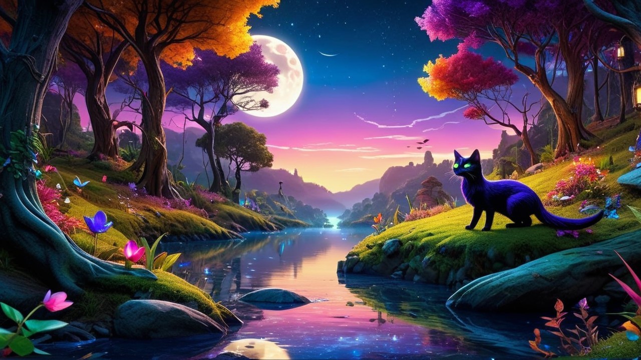 Mystical Landscape with Twilight Sky and Black Cat