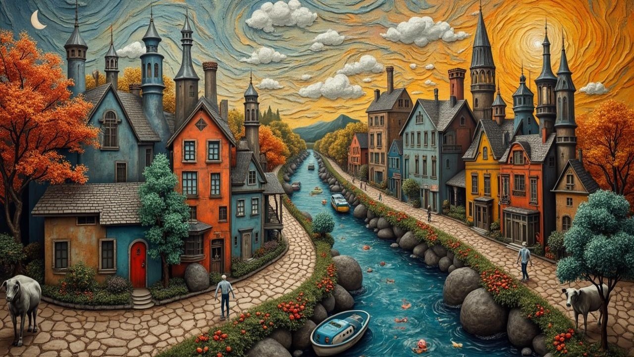 Charming Village with Colorful Buildings and River View