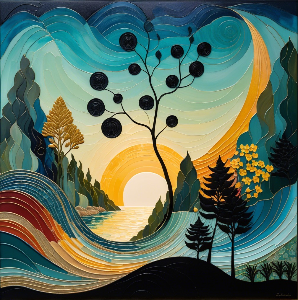 Vibrant Landscape with Waves, Hills, and Sunset