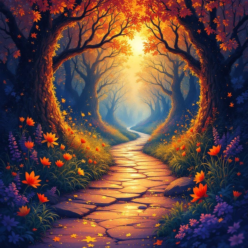 Magical Forest Pathway with Autumn Leaves and Flowers