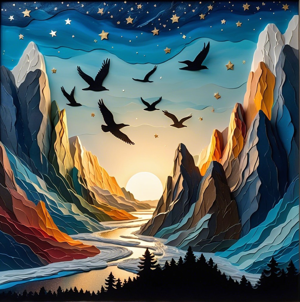 Relief Artwork of Serene Landscape with Mountains and River