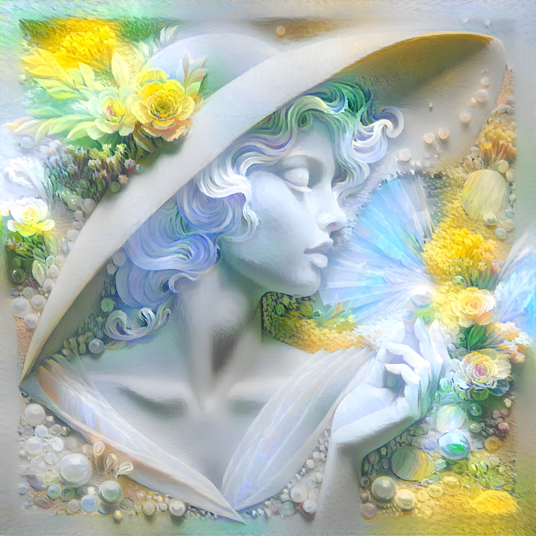 Ethereal Figure with Floral Hat and Butterfly Design