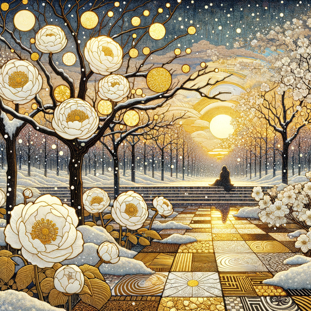 Winter Landscape with Peonies and Golden Orbs