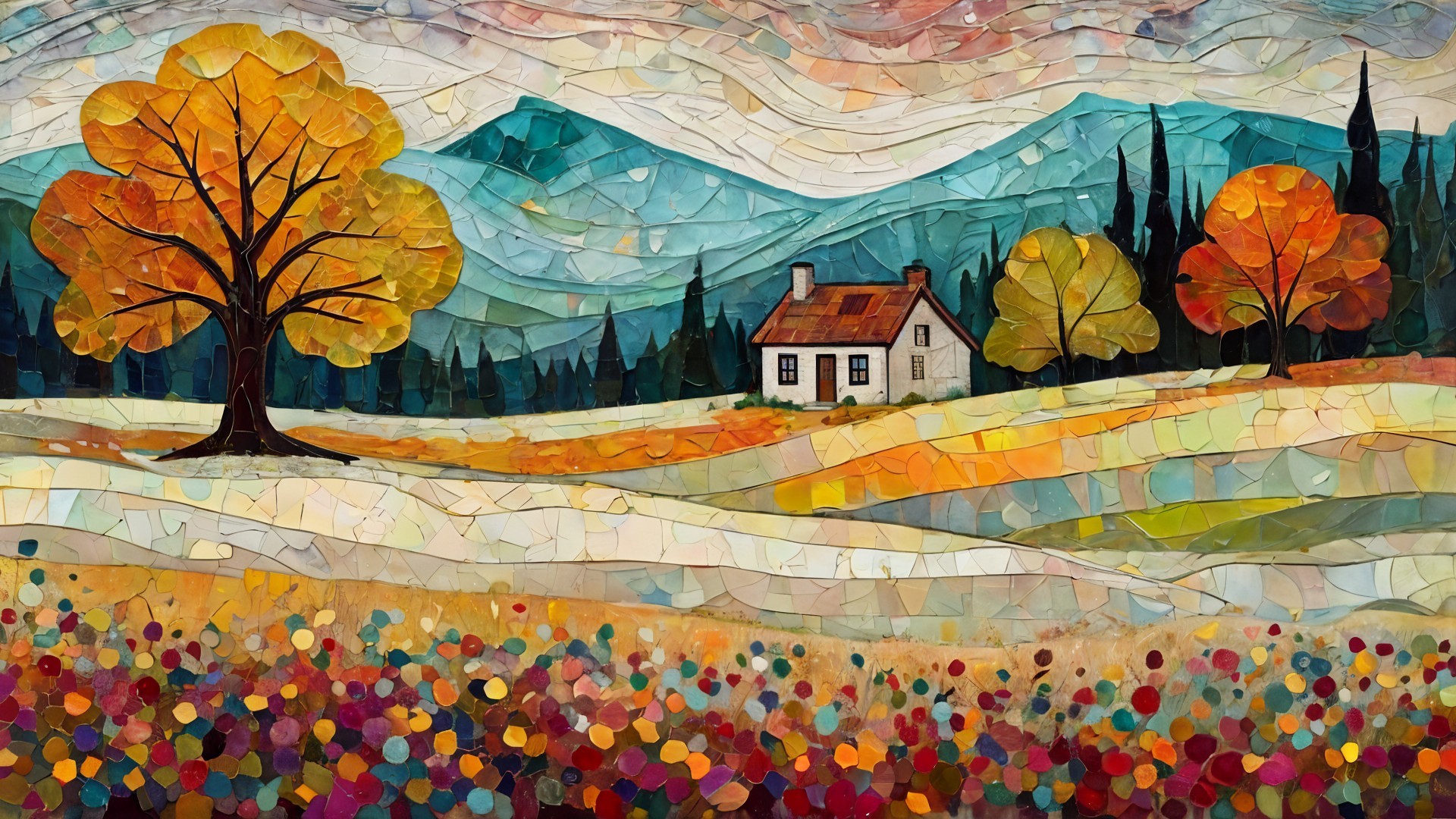 Autumn Landscape with Cottage and Colorful Flora