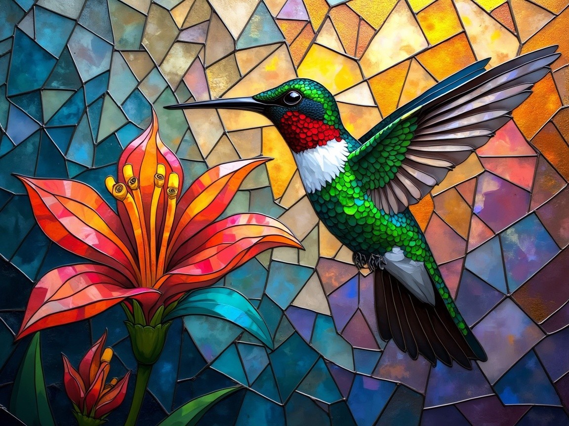 Vibrant Stained Glass Hummingbird and Flower Scene