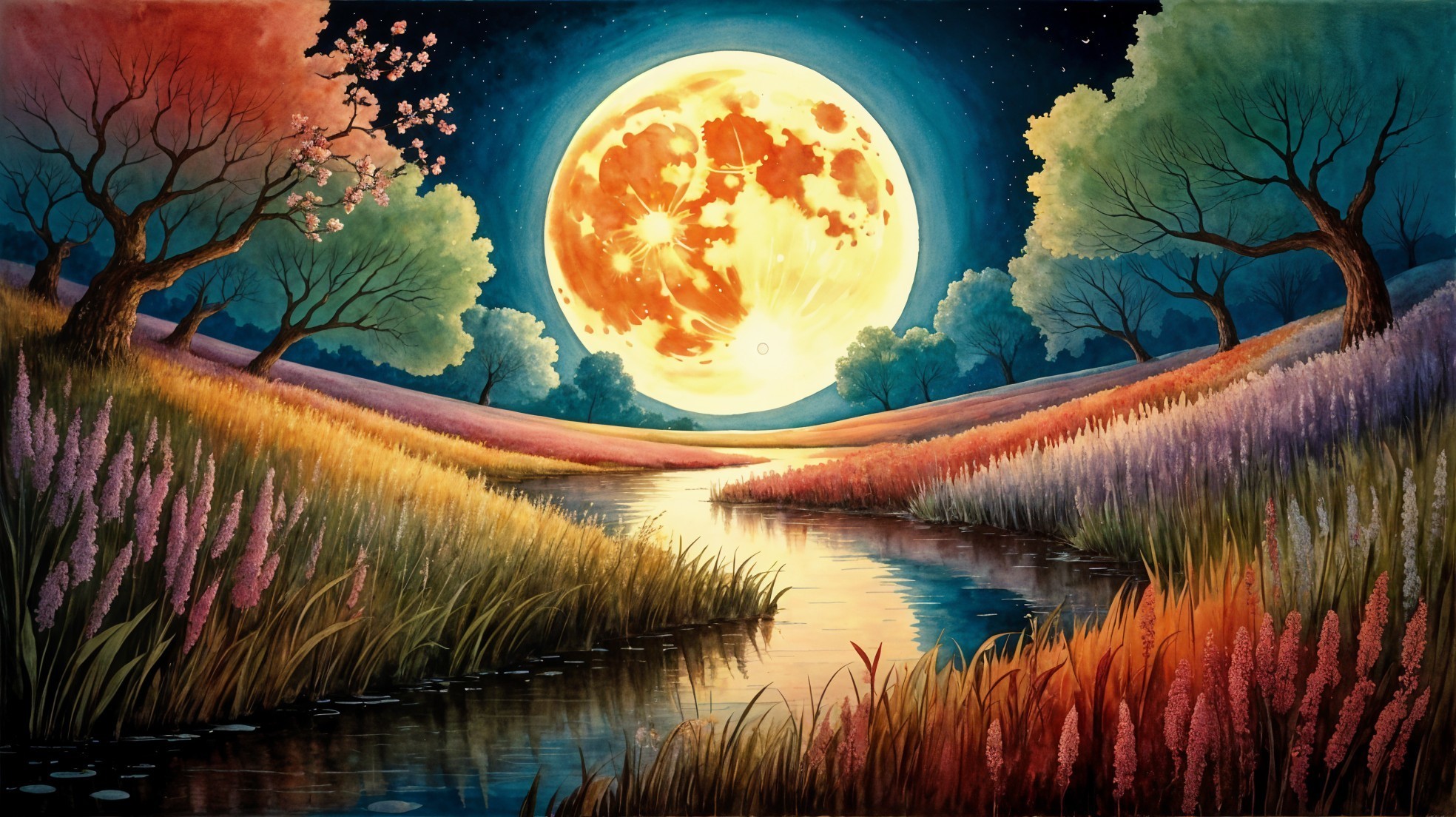 Vibrant Landscape with Moonlit River and Flowers