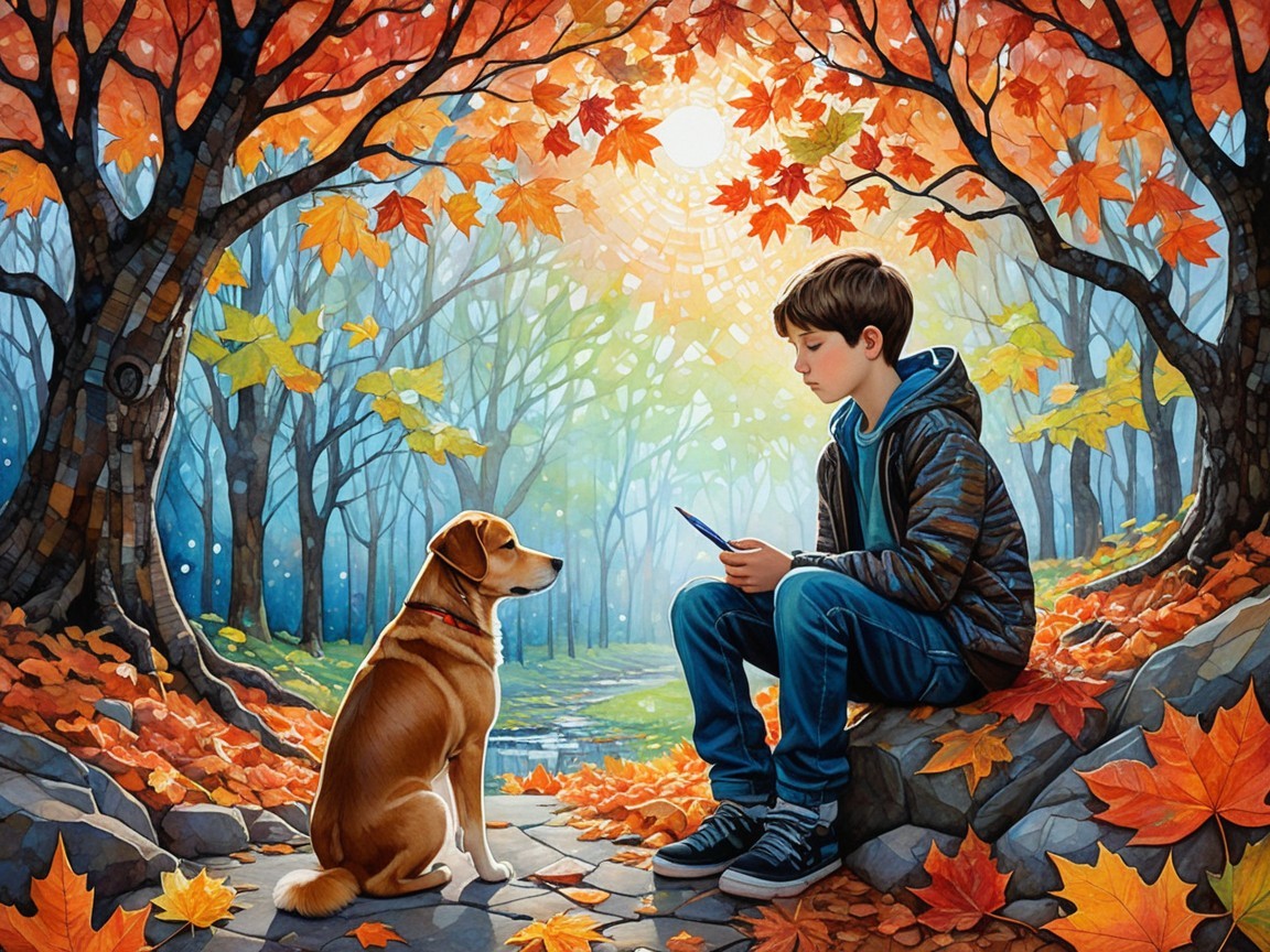 Autumn Forest Scene with Boy, Dog, and Book