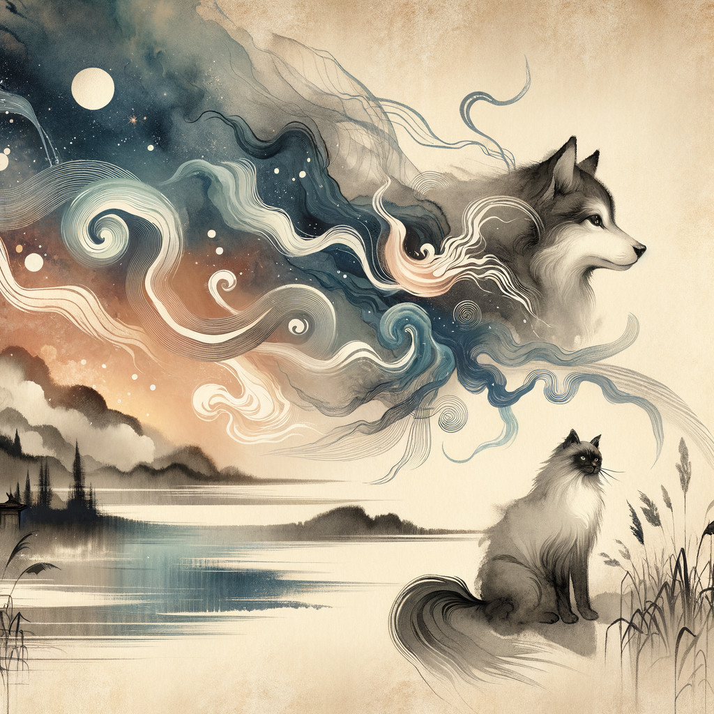 Serene landscape with mystical wolf and tranquil cat
