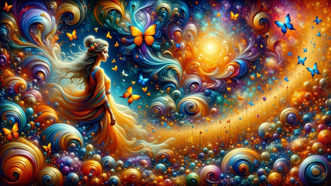 Dreamy Scene with Colorful Orbs and Butterflies