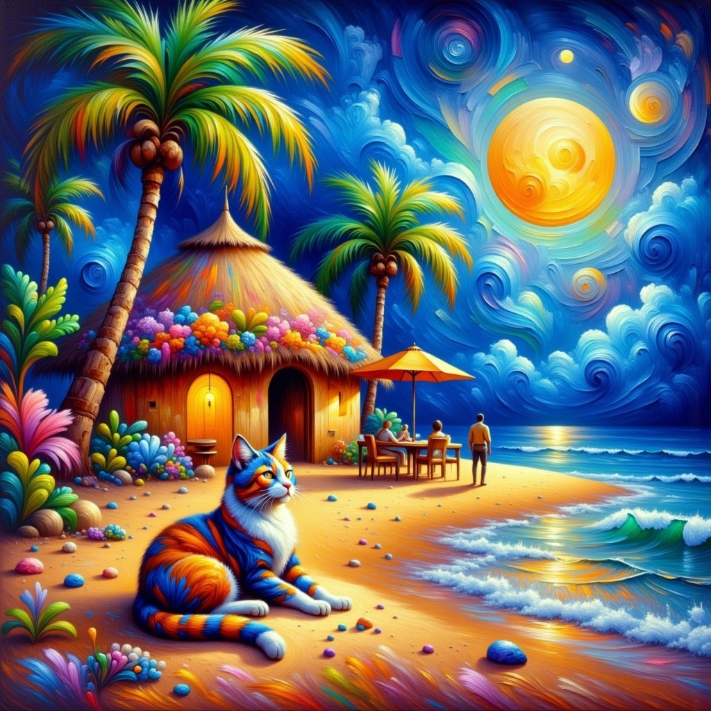 Vibrant Beach Sunset with Colorful Cat and Hut