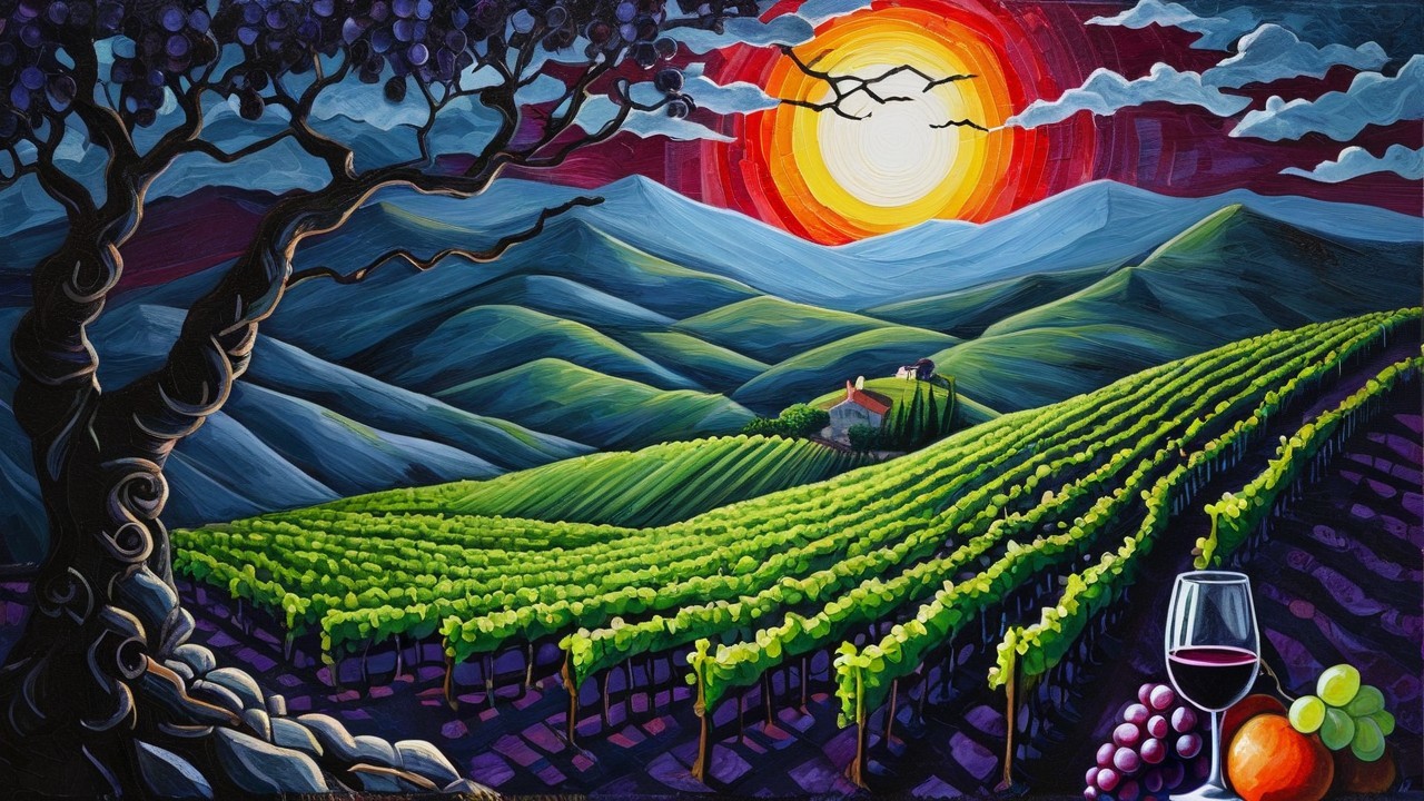 Vibrant Vineyard Landscape at Sunset with Wine Glass
