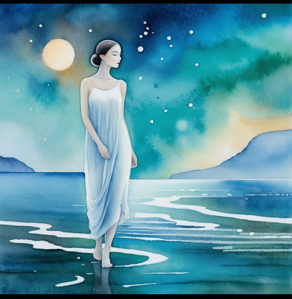 Serene Figure on Tranquil Shoreline Under Night Sky