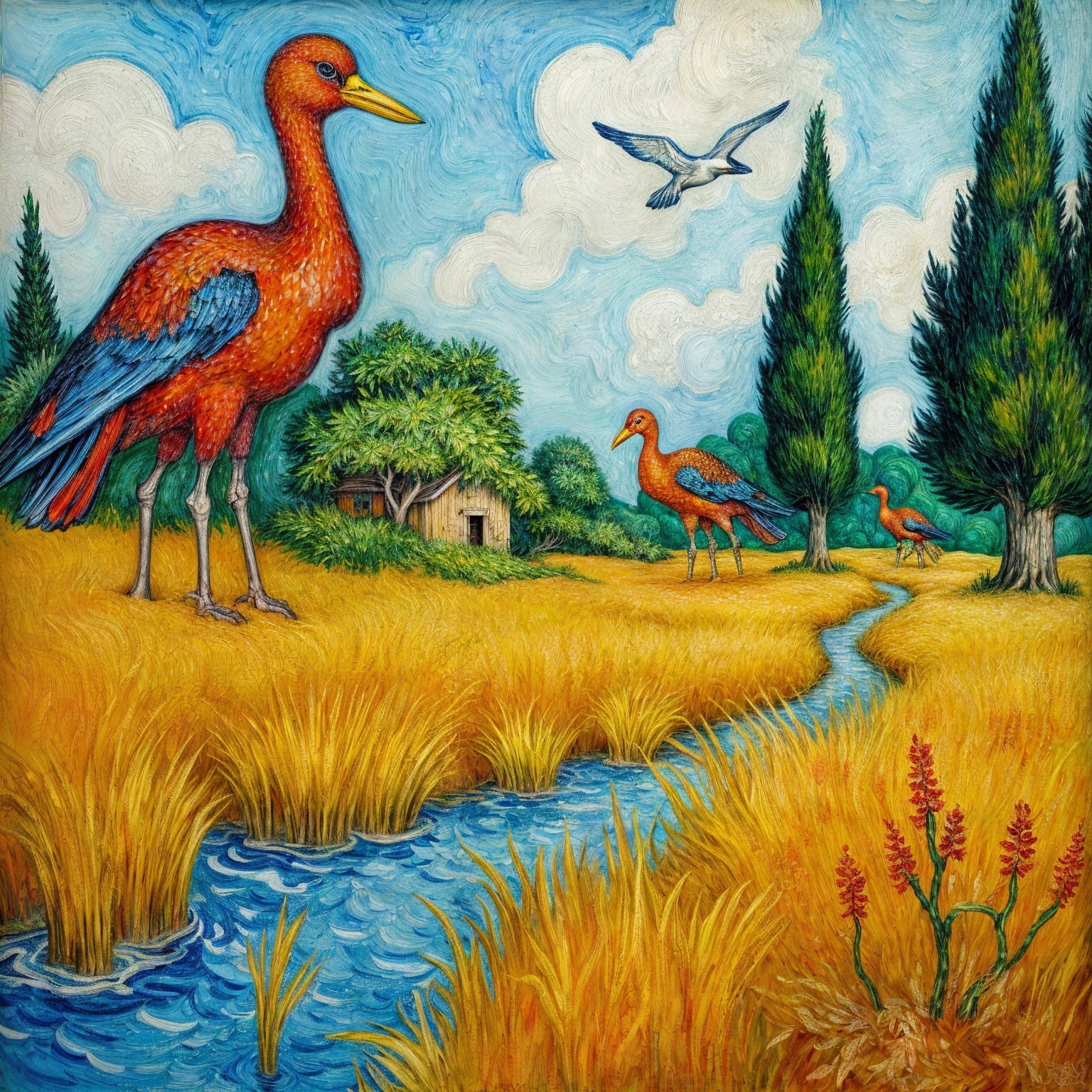 Vibrant Landscape with Orange Birds and Stream