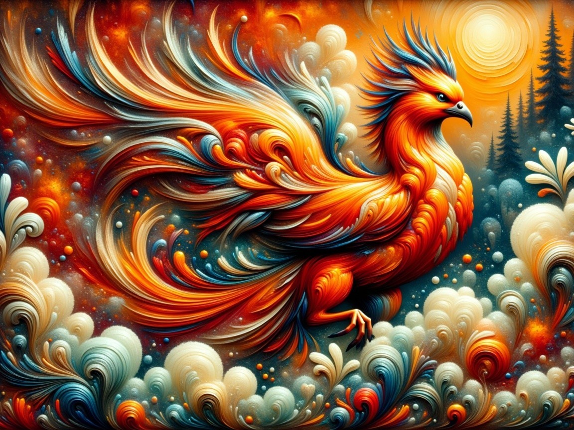 Vibrant Phoenix in Flight with Fiery Plumage