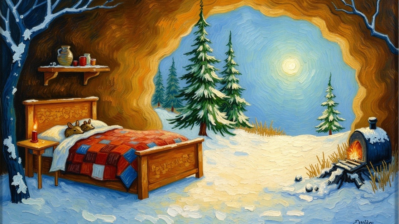 Cozy Woodland Bedroom in a Snowy Landscape