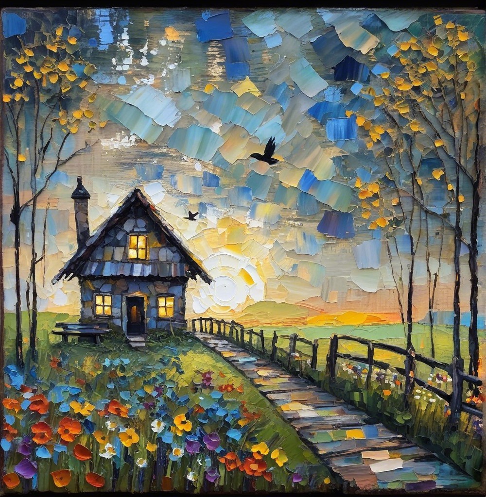 Charming Countryside Scene with Cottage and Flowers