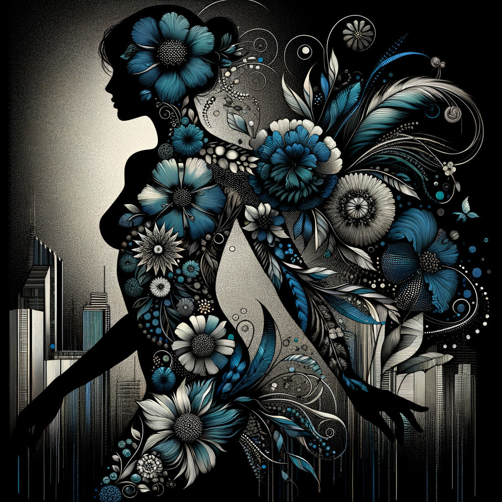 Silhouette of a Woman with Floral and Cityscape Design