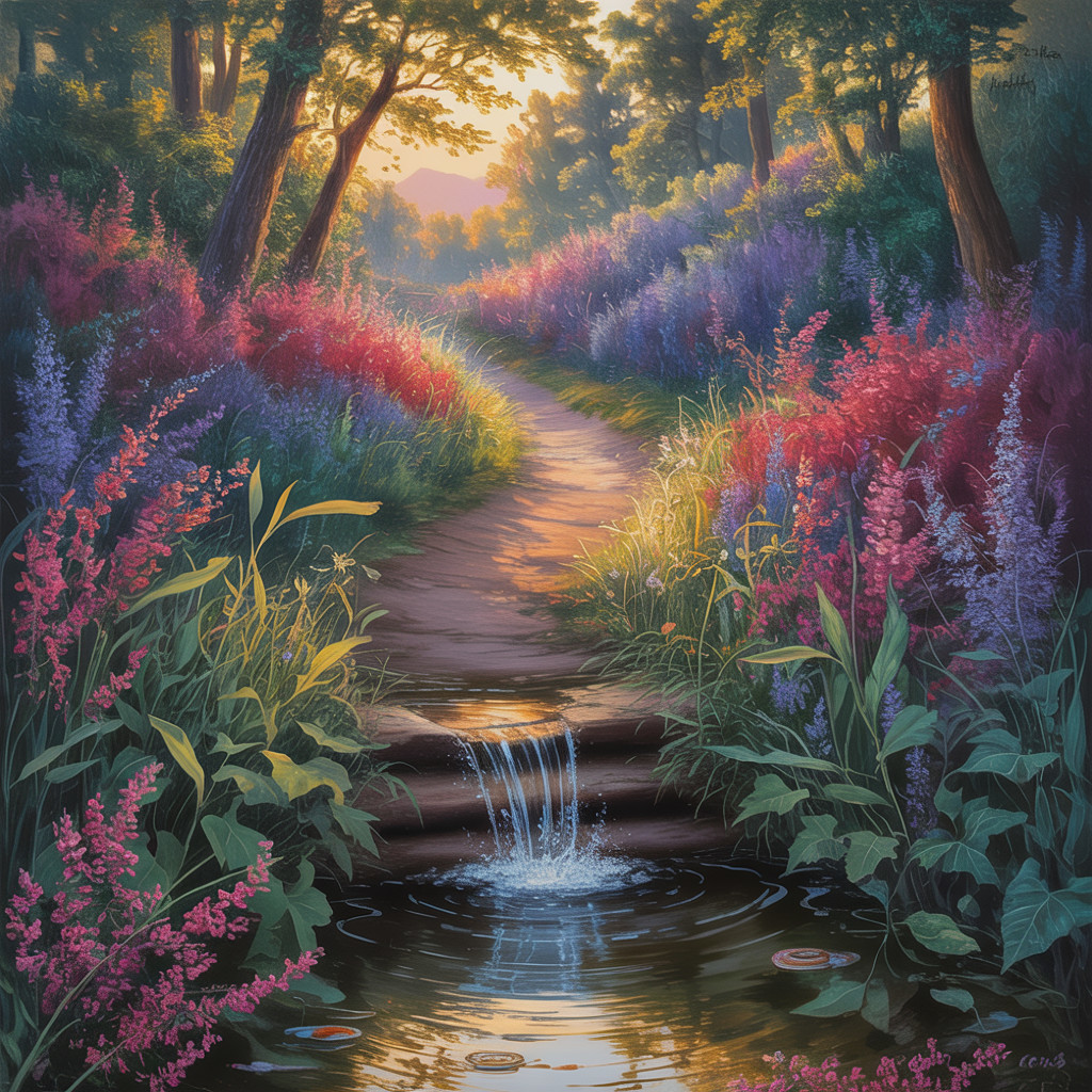 Serene Forest Pathway with Wildflowers and Stream