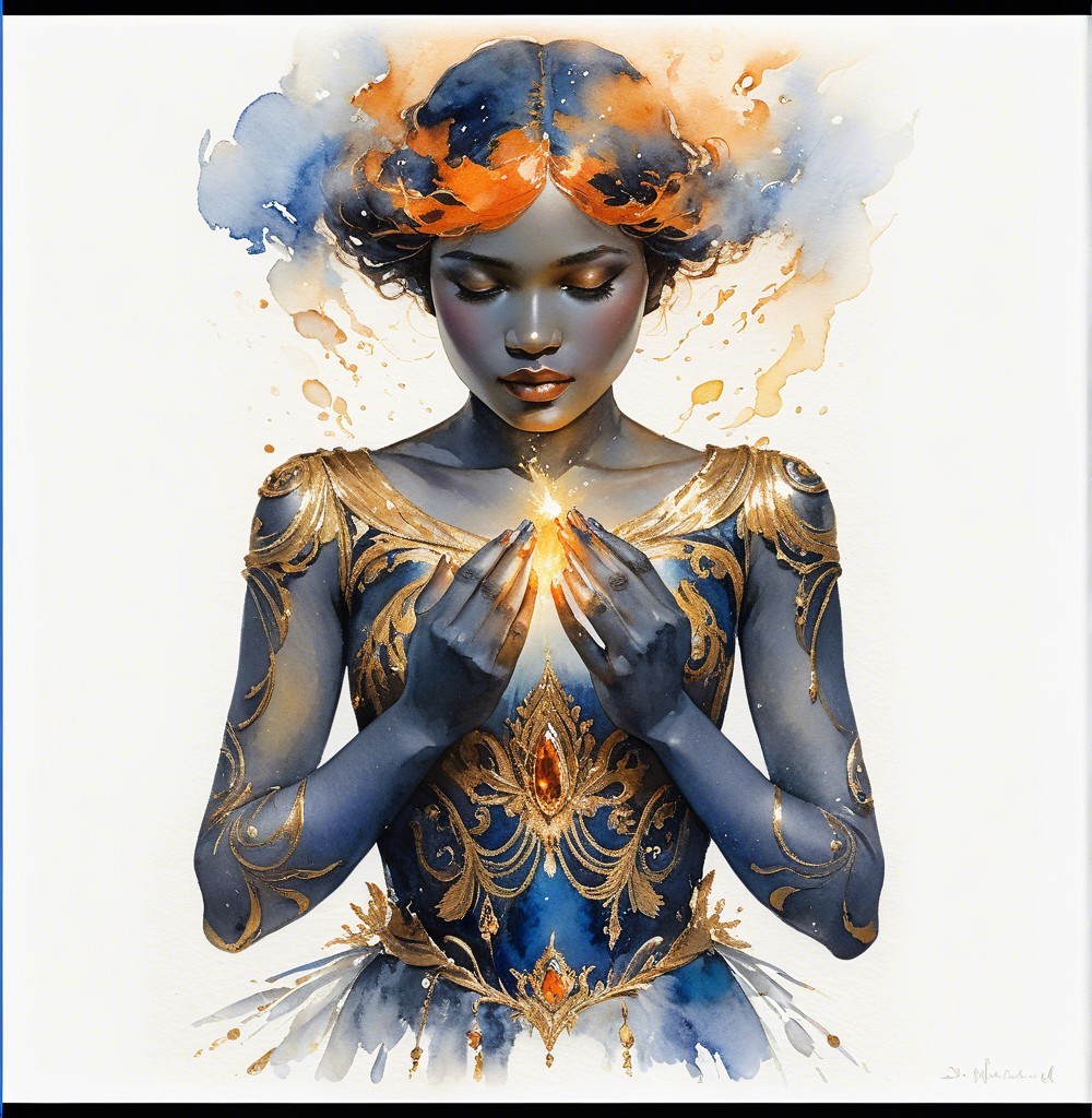 Young woman with glowing orb in vibrant dress