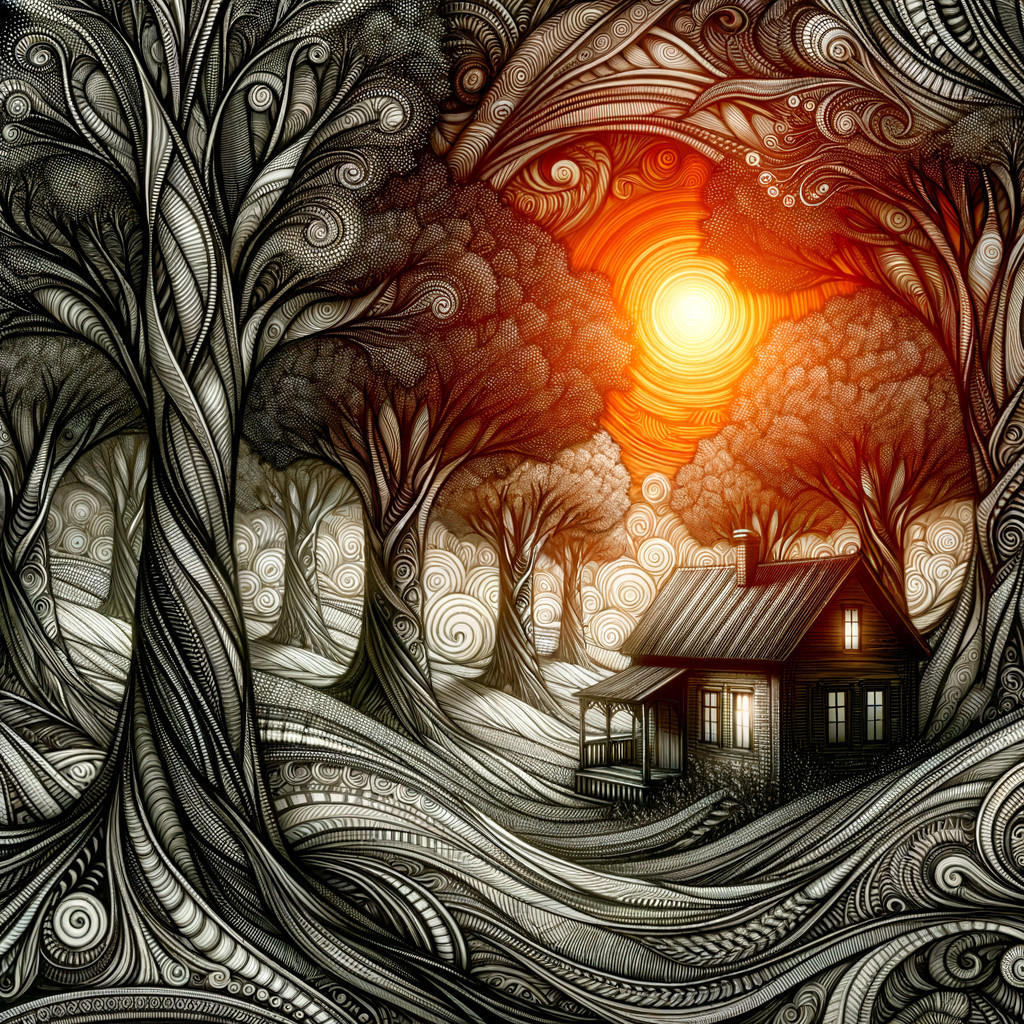 Cozy House Surrounded by Abstract Trees at Sunset