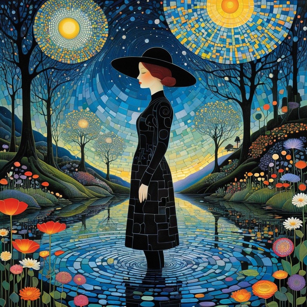 Woman in Black Dress in Dreamlike Landscape with Suns