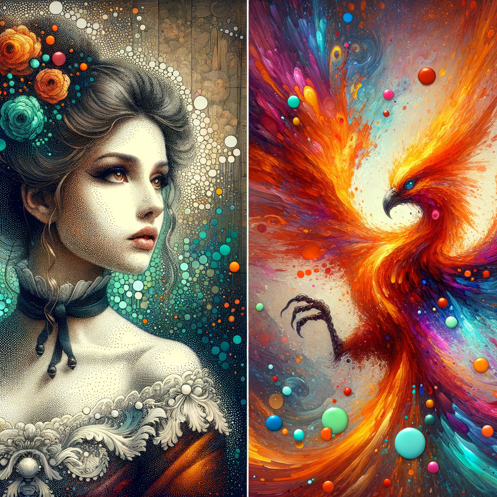 Split Design of Serene Woman and Fiery Phoenix