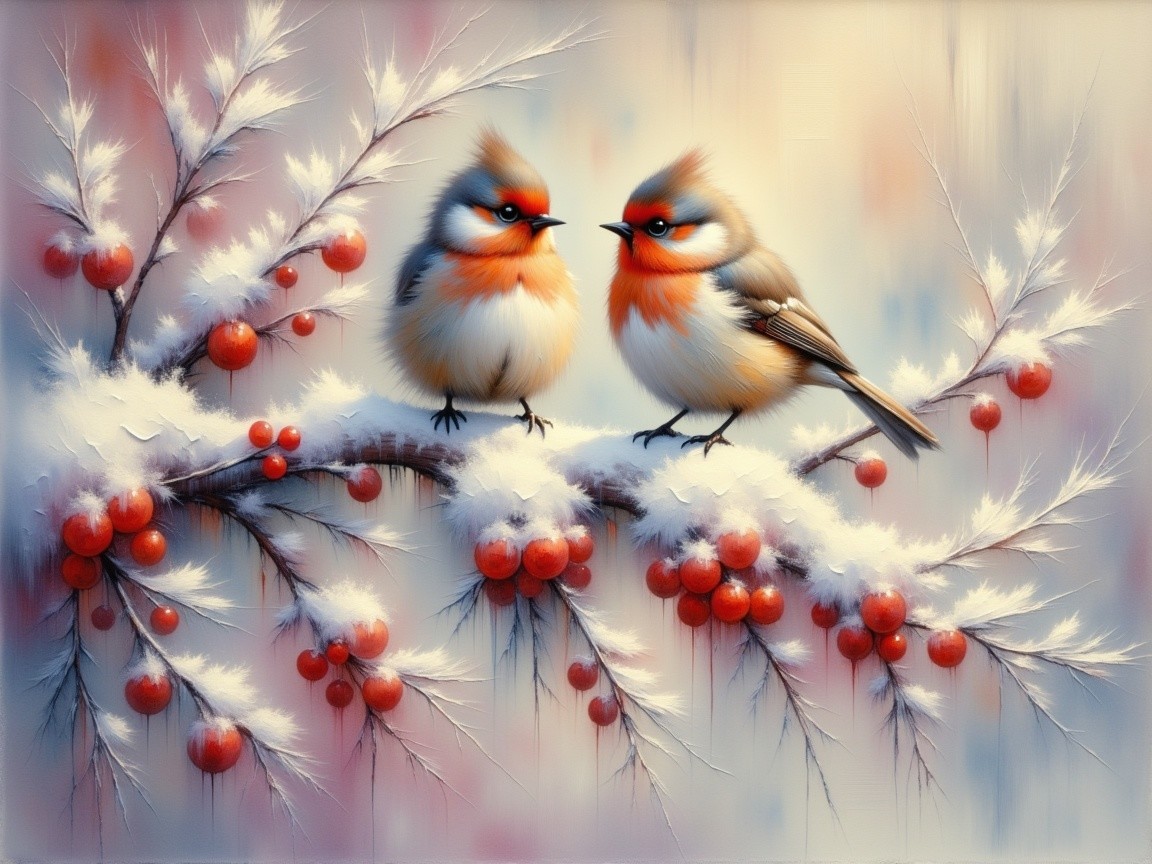 Vibrant Birds on Snow-Dusted Branch with Berries