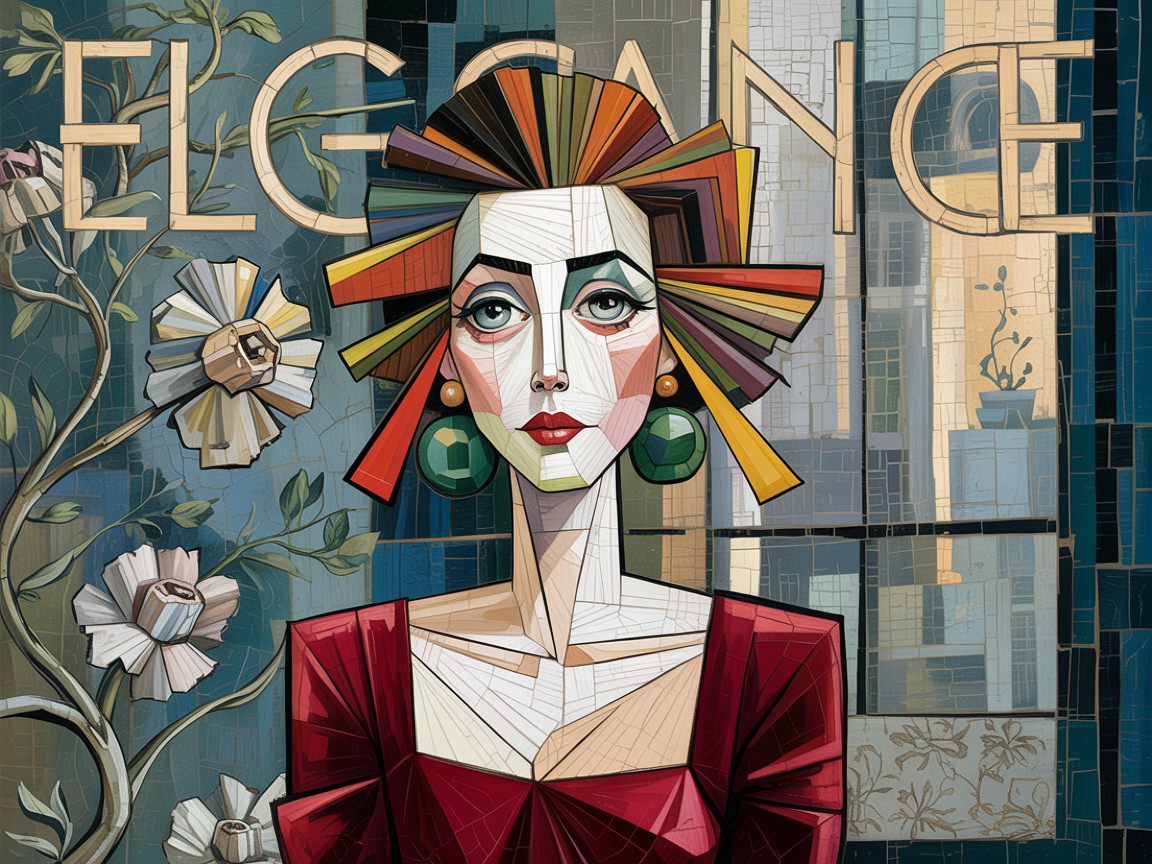 Stylized portrait of a woman with colorful hair and elegance