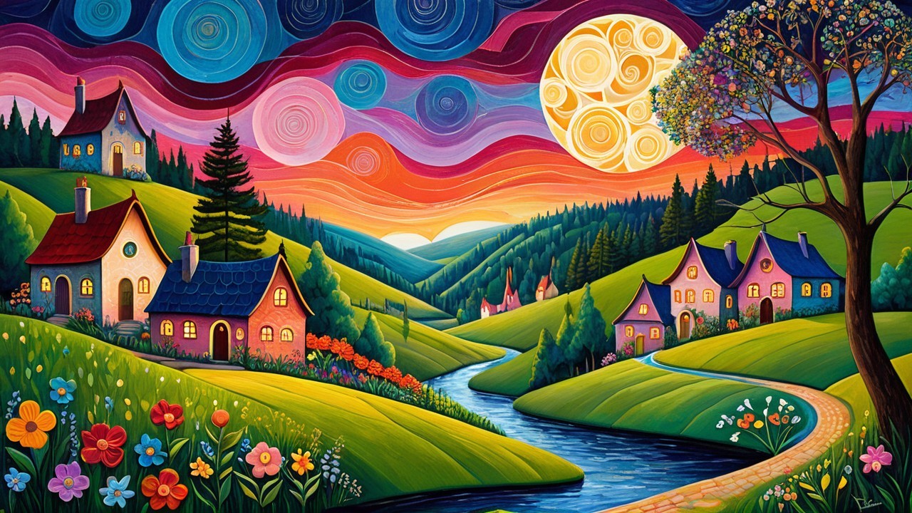 Whimsical Village Landscape with Colorful Houses