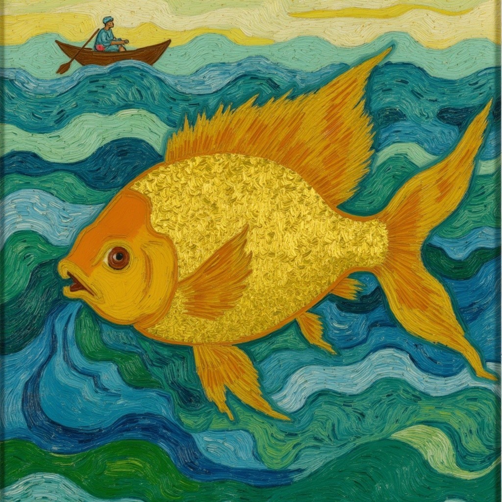 Vibrant Seascape with Golden Fish and Rowing Boat