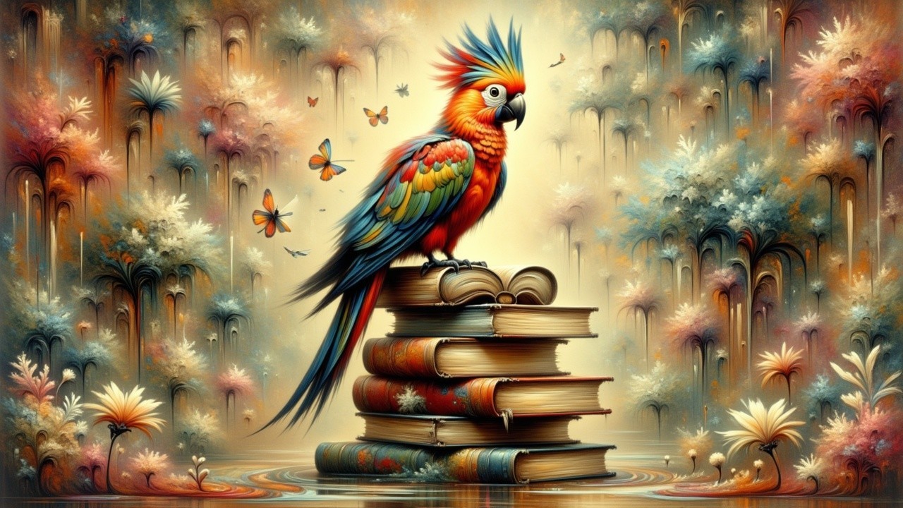 Vibrant Parrot on Colorful Books with Flowers and Butterflies