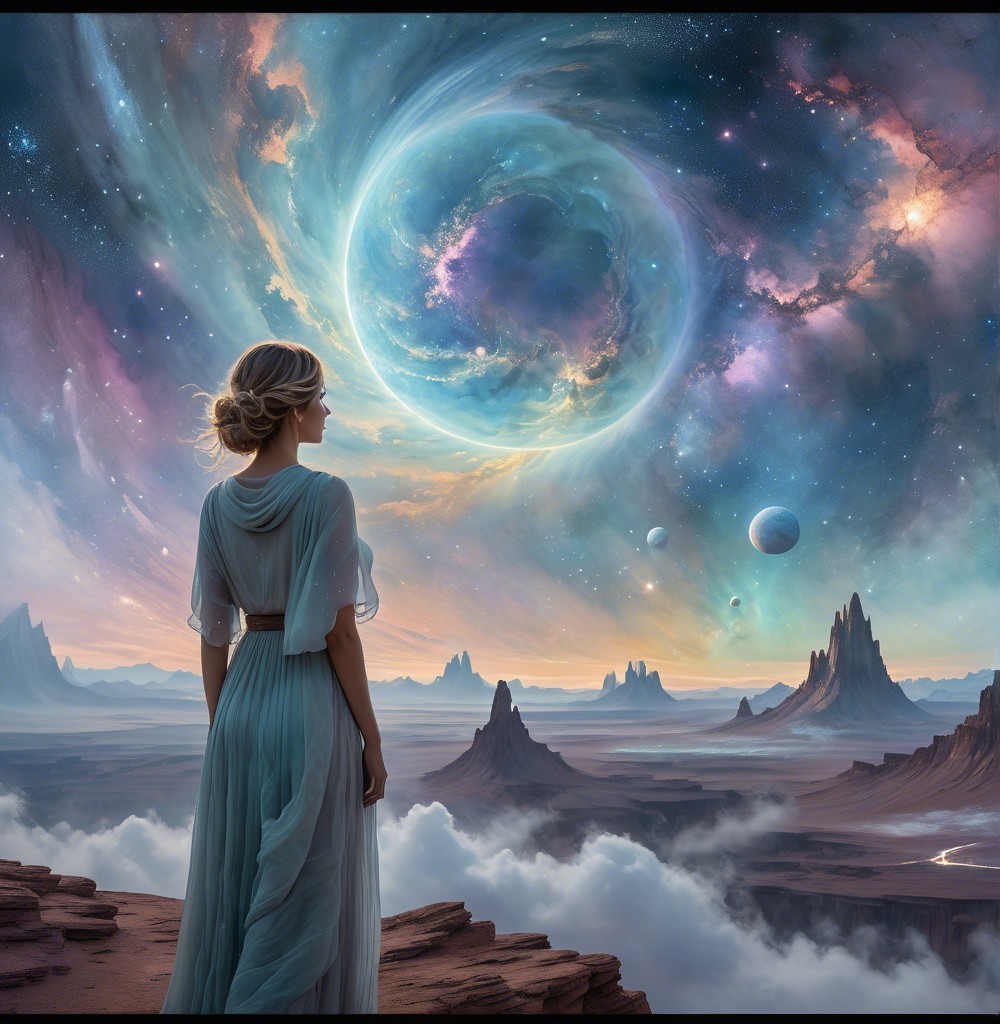 Woman in flowing dress on cliff under cosmic landscape