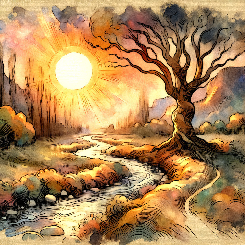 Sunset Over Tree with River and Rolling Hills