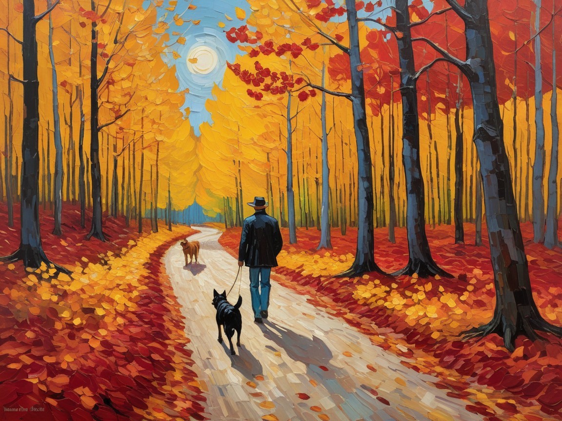 Autumn Landscape with Man and Dogs on Winding Path