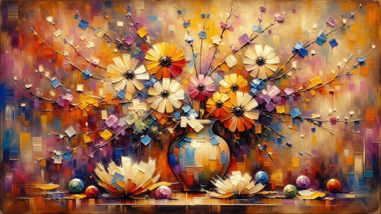 Colorful Bouquet and Decorative Eggs in Still Life