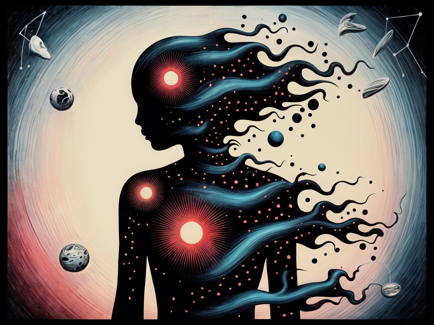 Cosmic Silhouette with Vibrant Colors and Celestial Elements