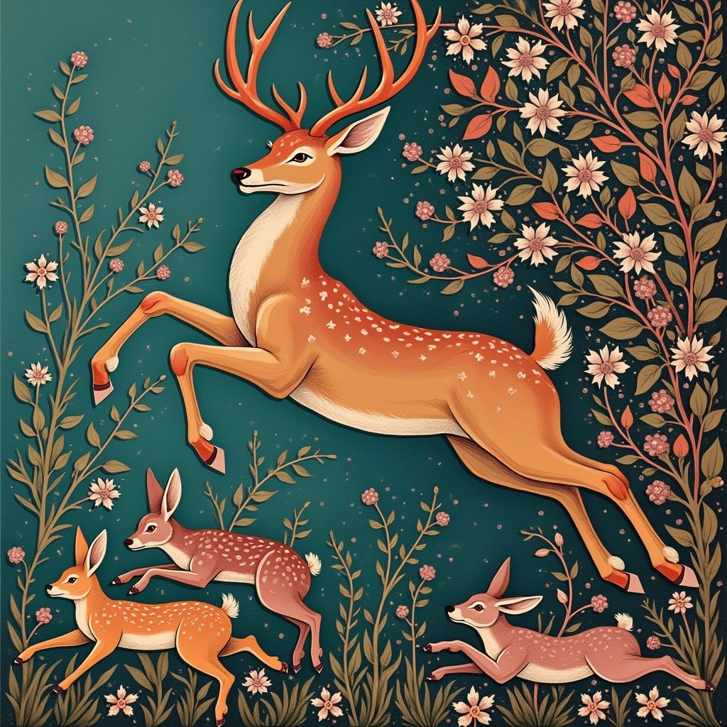 Illustration of a deer in a vibrant forest scene