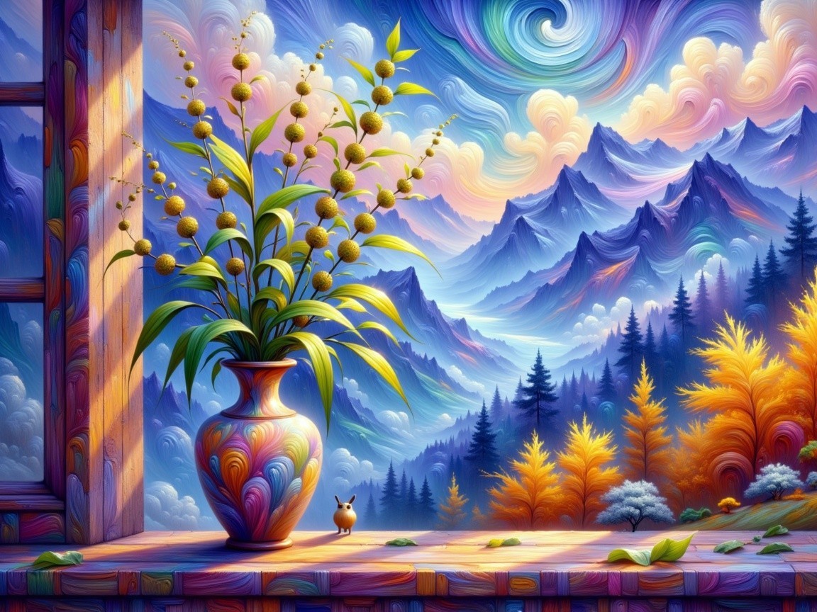 Vibrant Landscape with Mountains and Colorful Vase